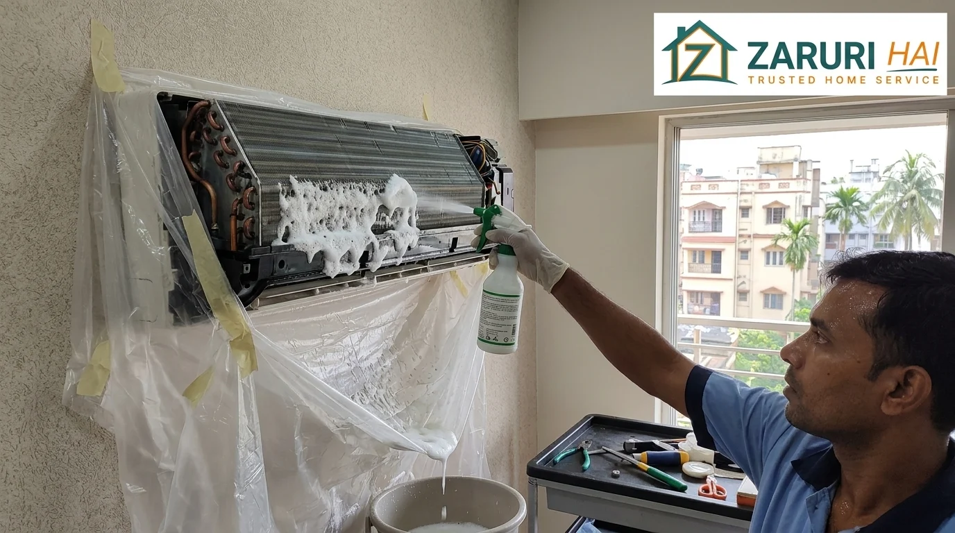 AC foam-jet deep cleaning by a Zaruri Hai technician in Kolkata