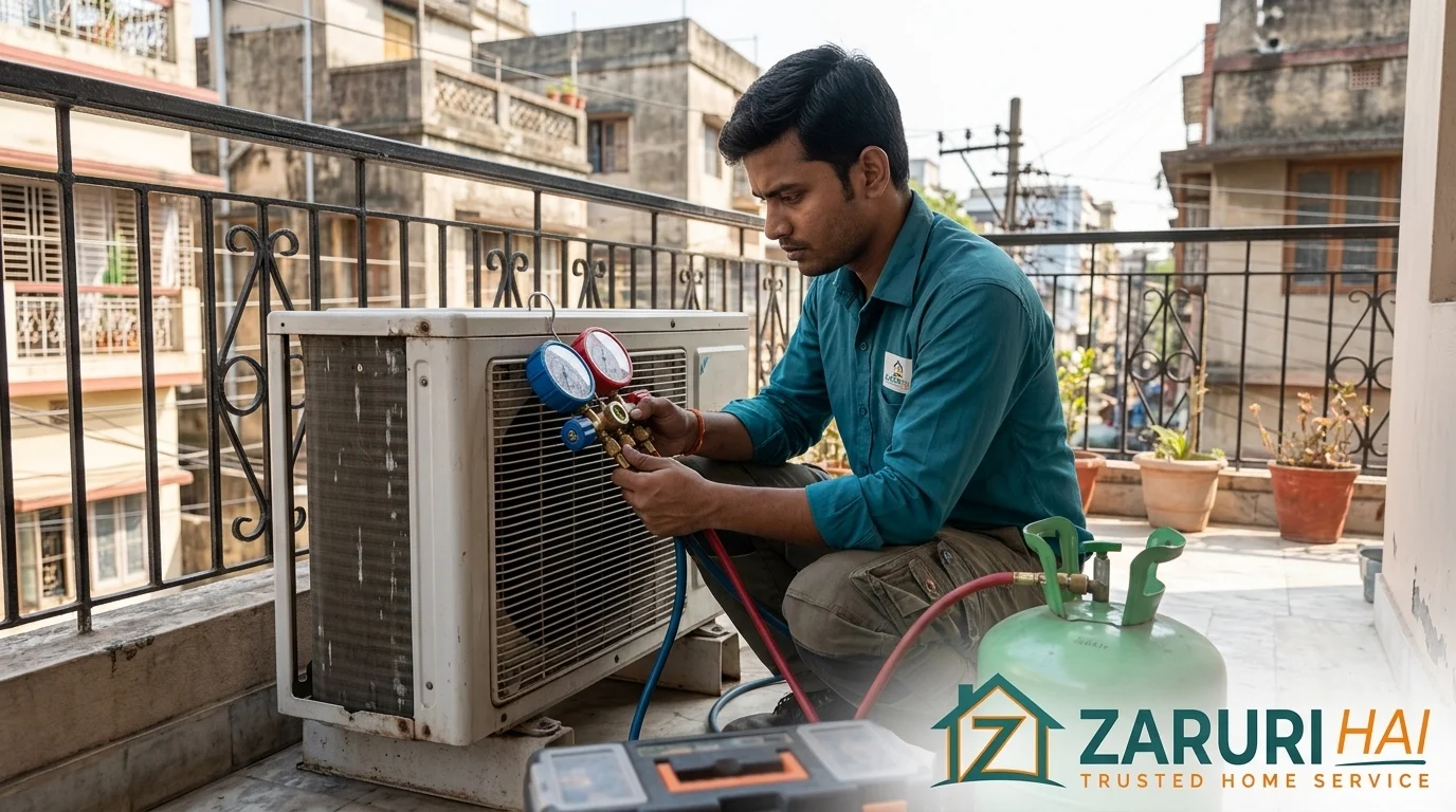 Technician refilling AC gas and checking pressure in Kolkata