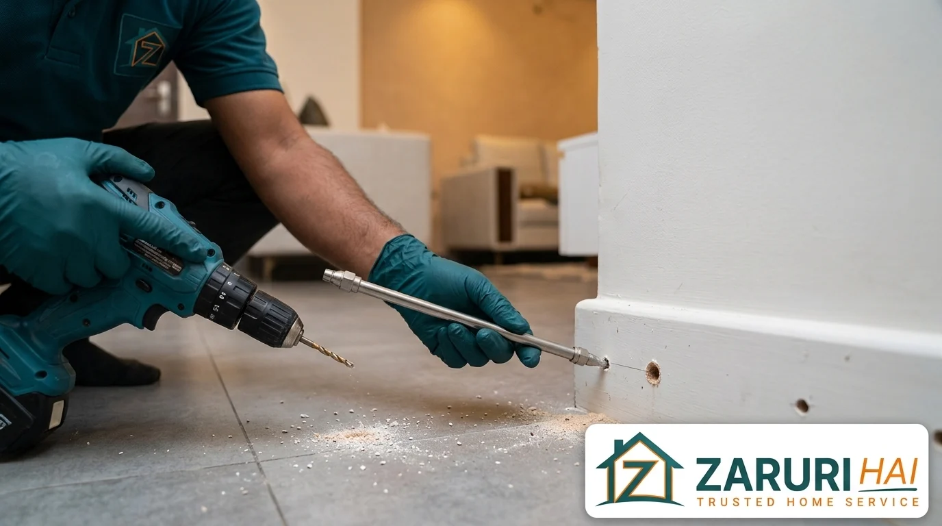 Pest control 6 Technician doing anti-termite treatment by drilling and injecting in Kolkata