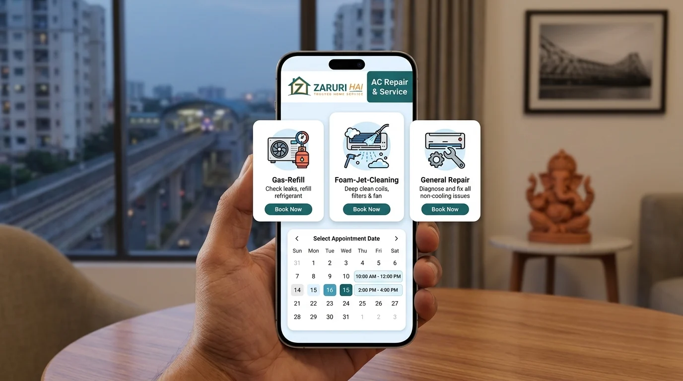 Booking AC repair on the Zaruri Hai app in Kolkata