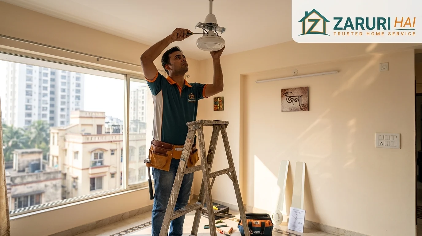 Technician installing a ceiling fan in a Kolkata flat