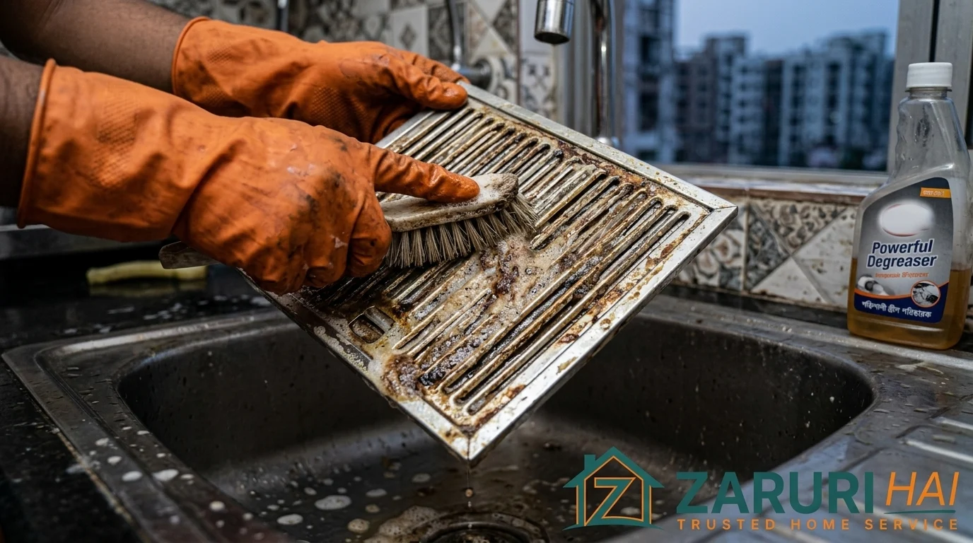 Chimney repair 5 Technician degreasing a chimney baffle filter in a Kolkata kitchen