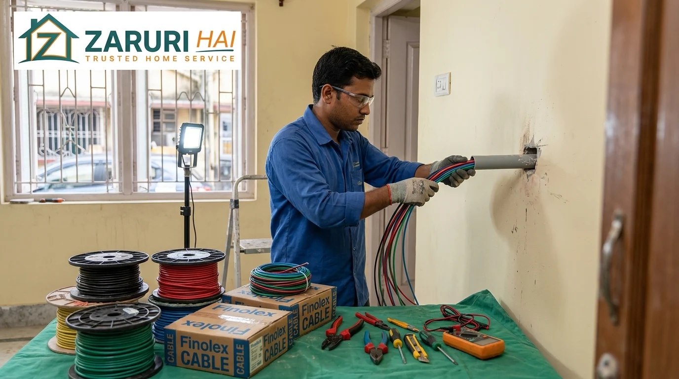 Electrician doing concealed house wiring with branded materials in Kolkata