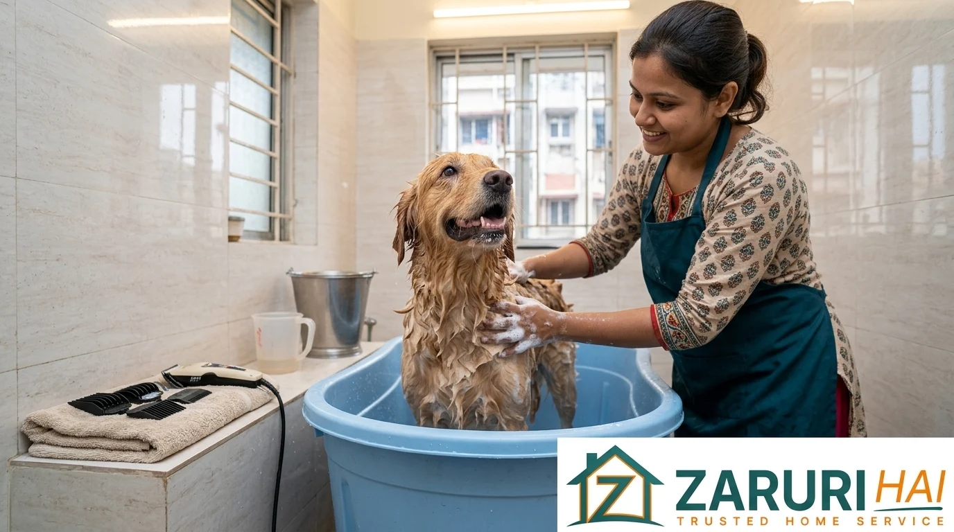 Dog getting a bath and haircut during home grooming in Kolkata