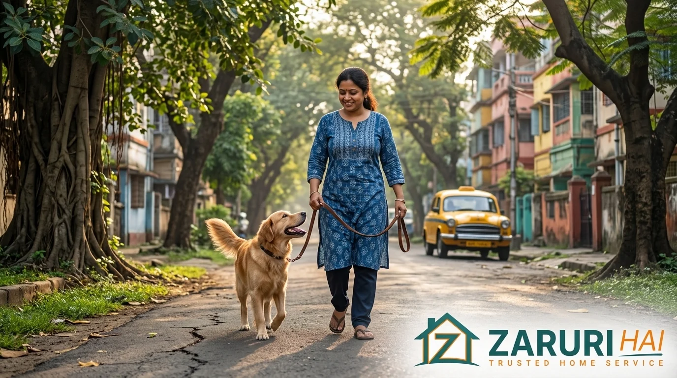 Dog walker taking a dog for a walk in Kolkata