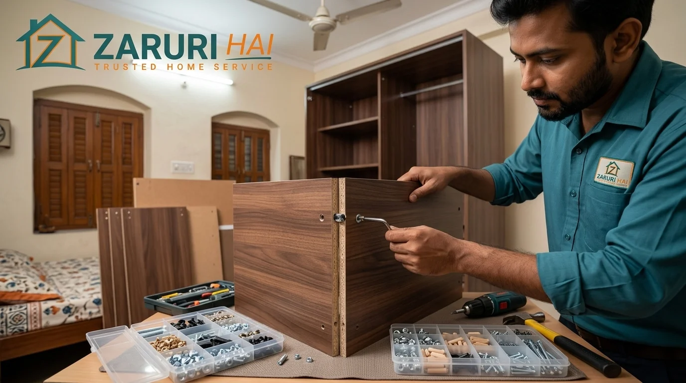 Technician assembling a flat-pack wardrobe in Kolkata