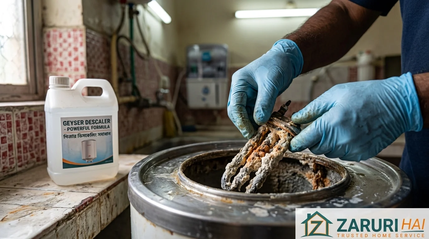 Technician replacing a geyser heating element and descaling in Kolkata