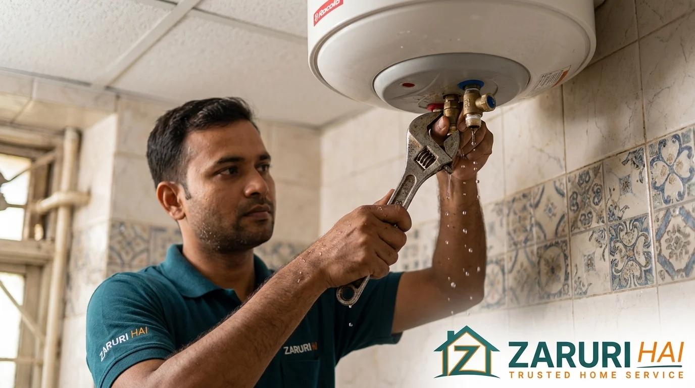 Technician fixing a leaking geyser valve in a Kolkata bathroom