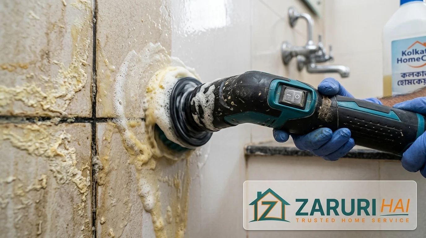 Cleaner removing hard water stains from bathroom tiles with a scrubbing machine in Kolkata