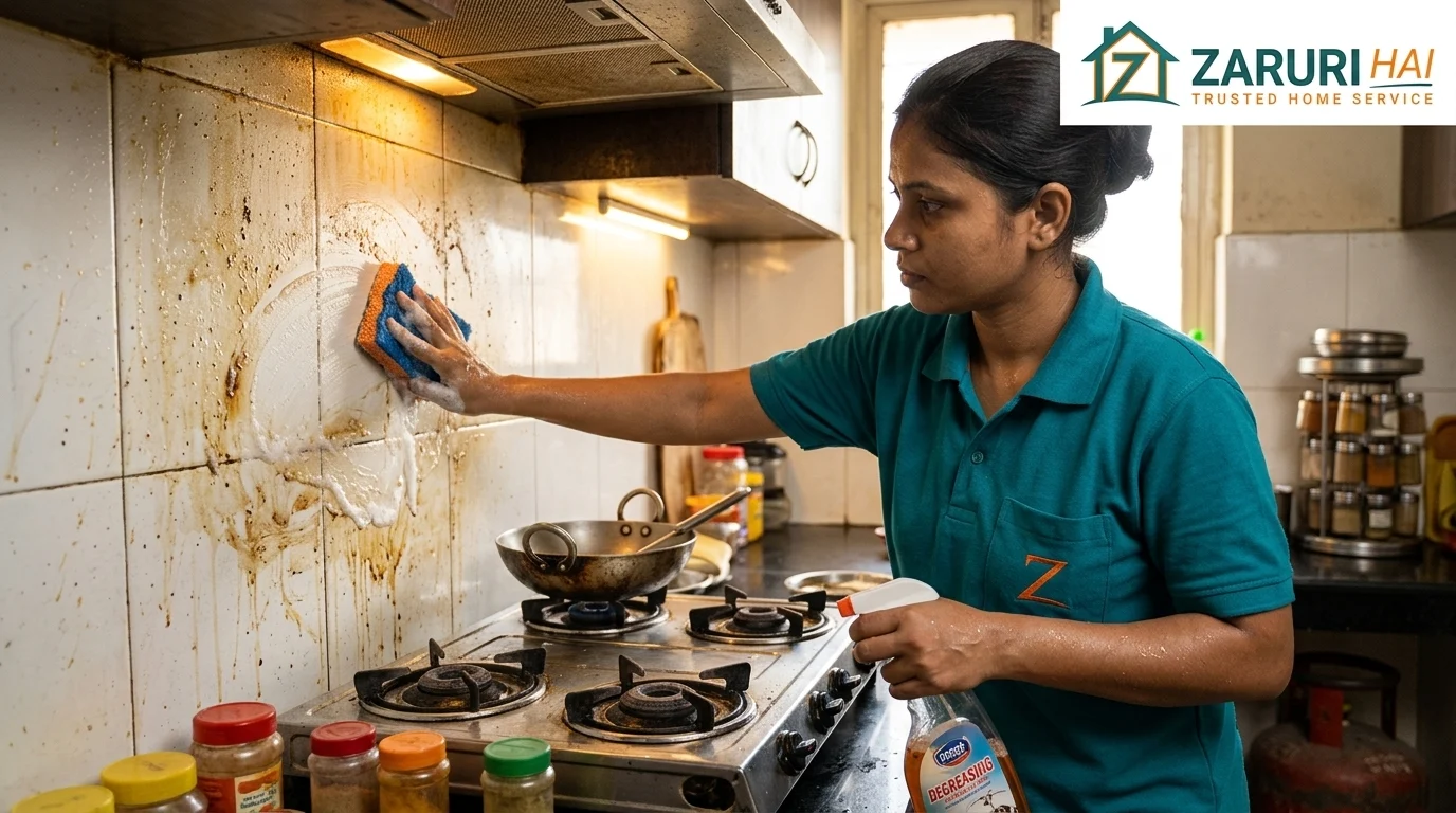 Full home deep cleaning 4 Professional degreasing kitchen tiles and slab during deep cleaning in Kolkata
