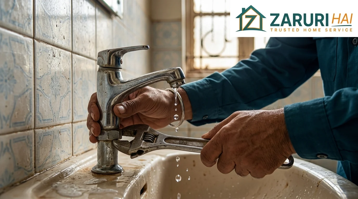 Plumber services 5 Plumber repairing a leaking tap in a Kolkata bathroom