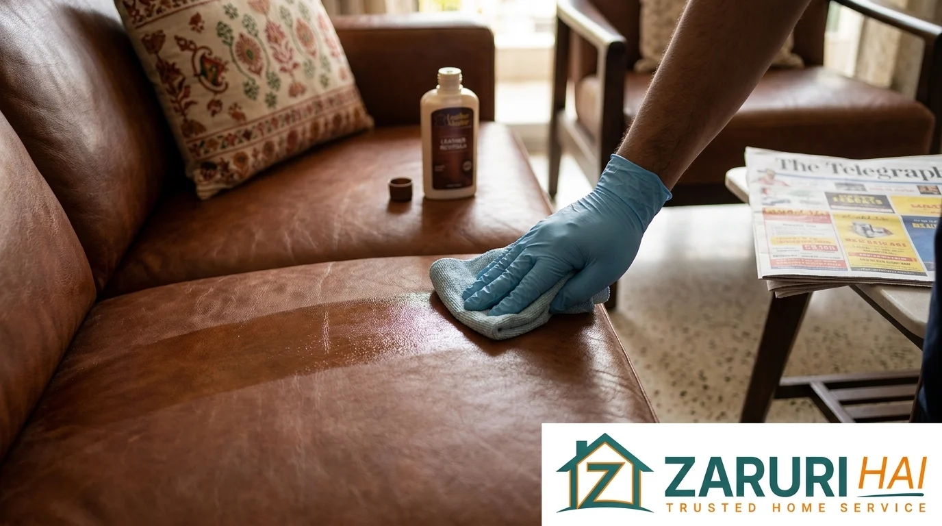 Sofa & carpet cleaning 5 Cleaner conditioning a leather sofa in Kolkata