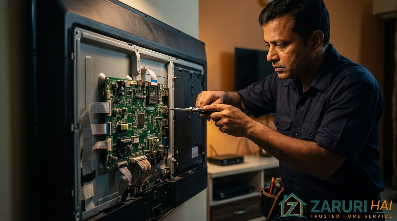 Technician repairing an LED TV panel in Kolkata