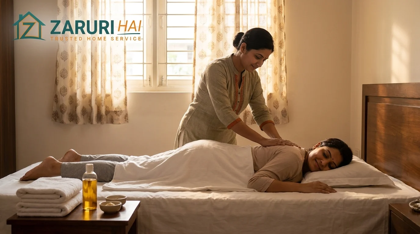 Baby & Women's massage at home 1 Trained female therapist giving a postnatal massage to a new mother at home in Kolkata