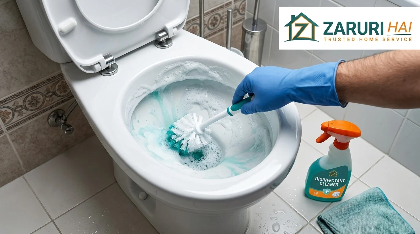 Professional disinfecting a toilet in a Kolkata bathroom