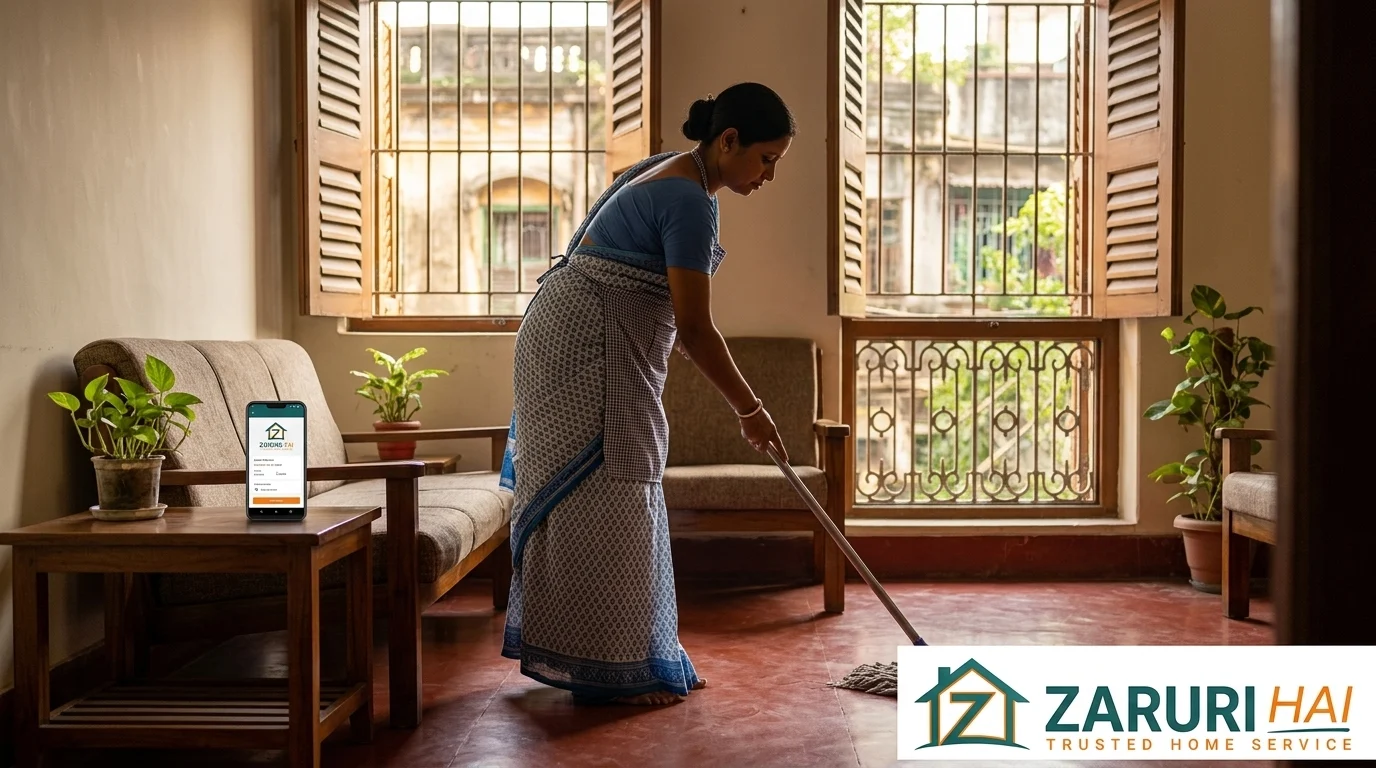 Verified maid service in Kolkata 1 Verified Zaruri Hai maid cleaning a Kolkata home, booked on the app