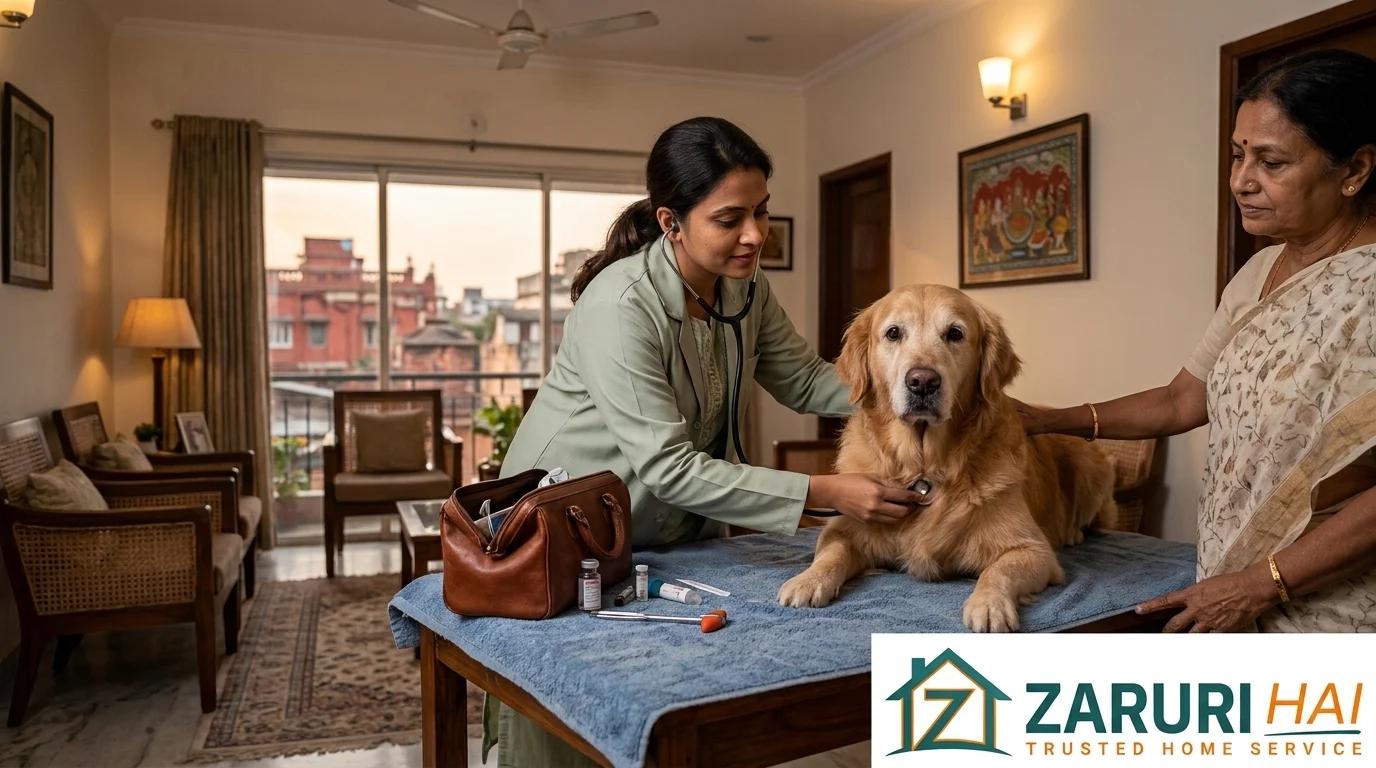 Vet examining a pet at home in Kolkata