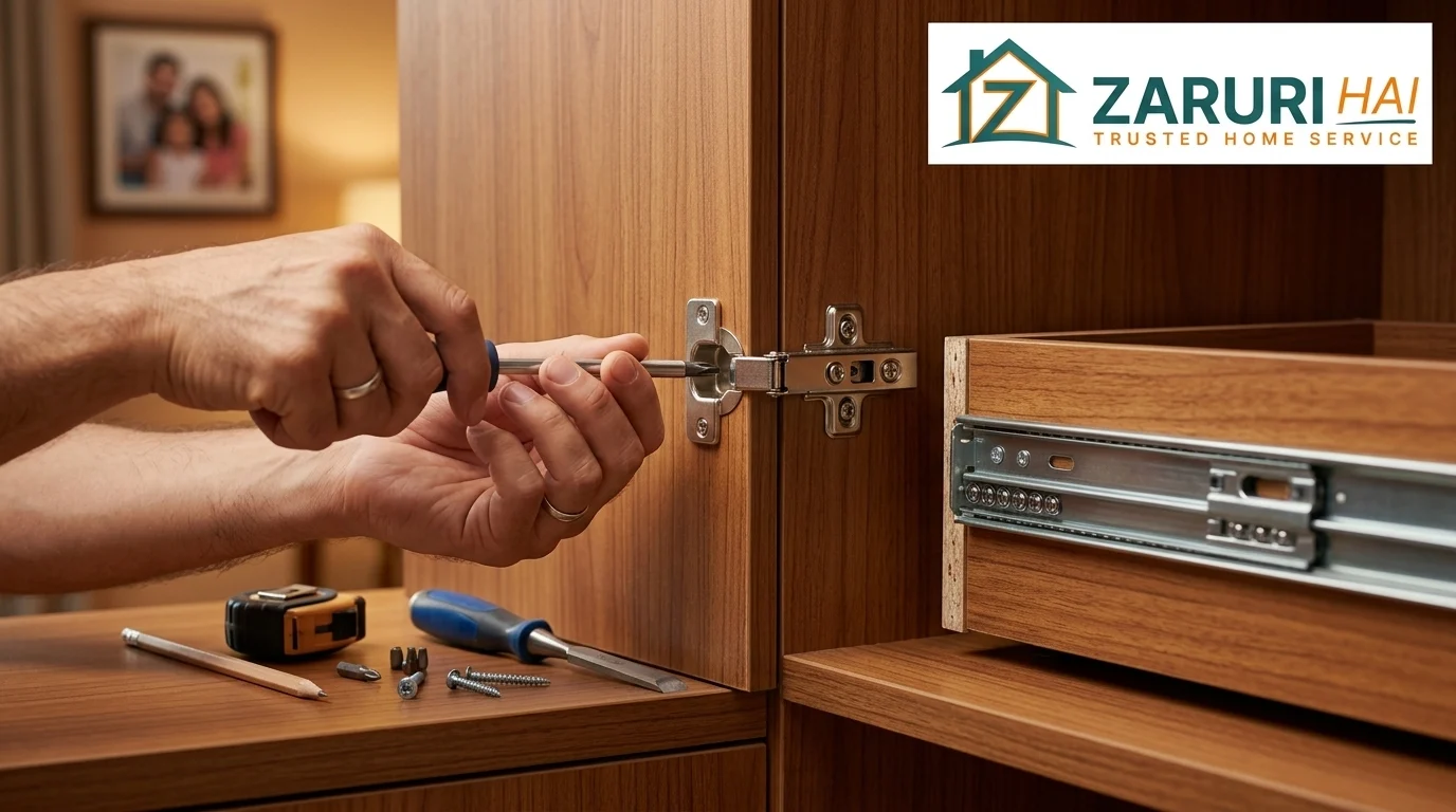 Carpenter services 5 Carpenter repairing a wardrobe hinge and drawer in Kolkata