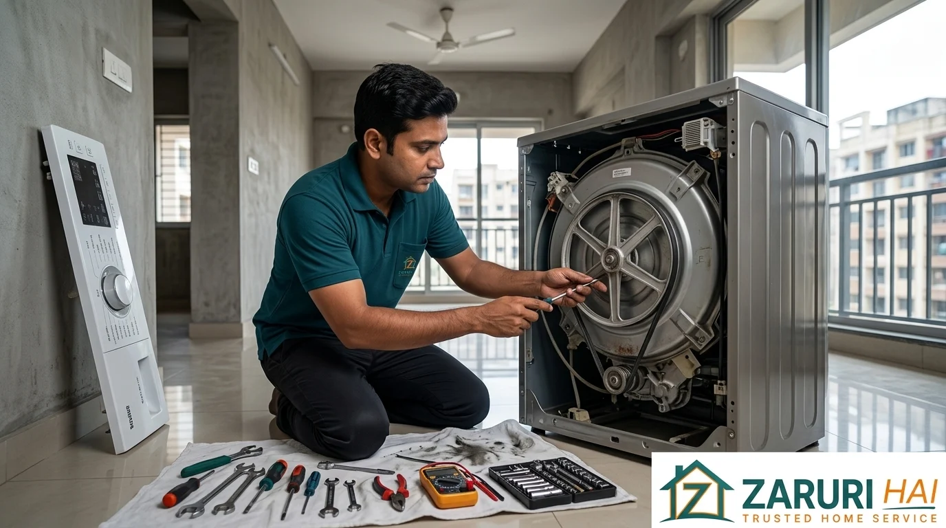 Technician repairing a washing machine drum in Kolkata