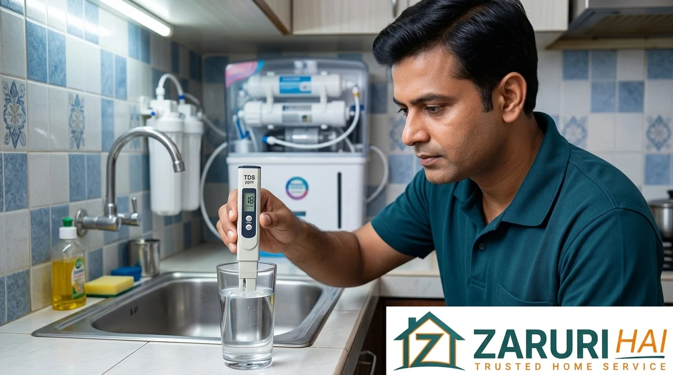 Water purifier service 6 Technician testing water TDS after RO service in Kolkata