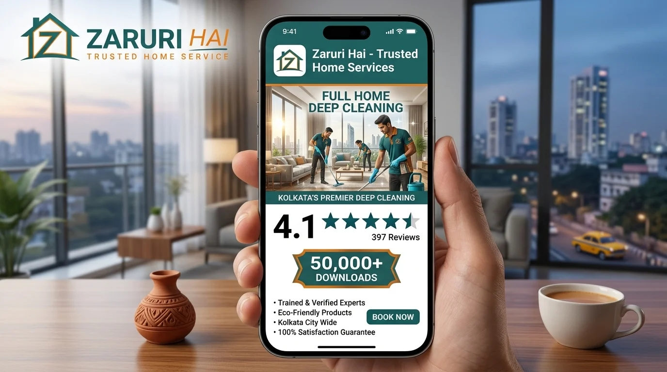 Full home deep cleaning 9 Zaruri Hai app rated 4.1 stars with 50,000+ downloads