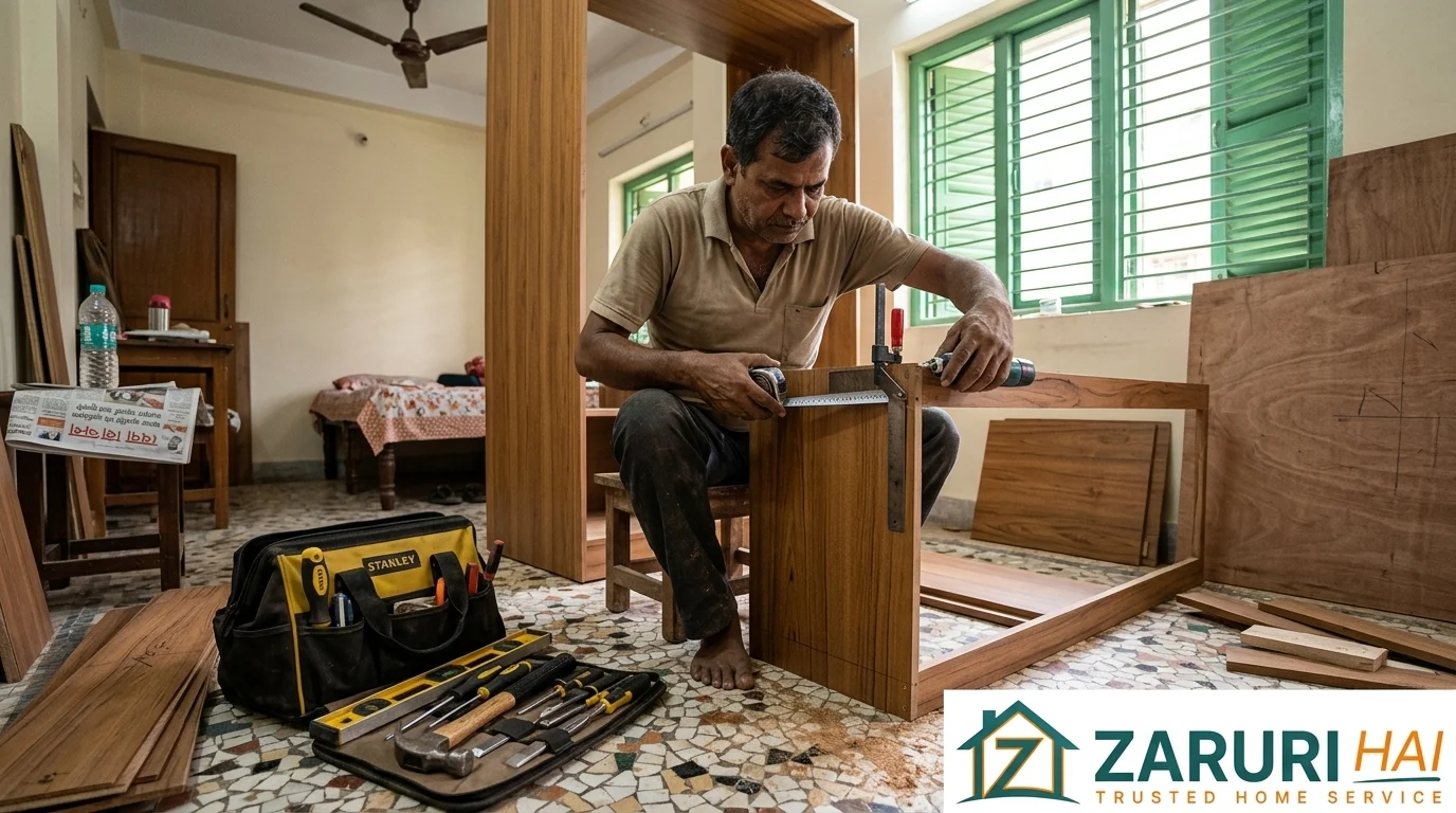 Carpenter services 3 Verified Zaruri Hai carpenter building a custom wardrobe at a Kolkata home