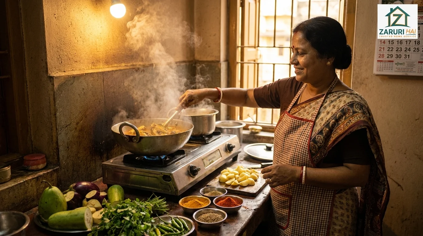 On-demand cook 3 Verified Zaruri Hai cook preparing a home-cooked Bengali meal in a Kolkata kitchen