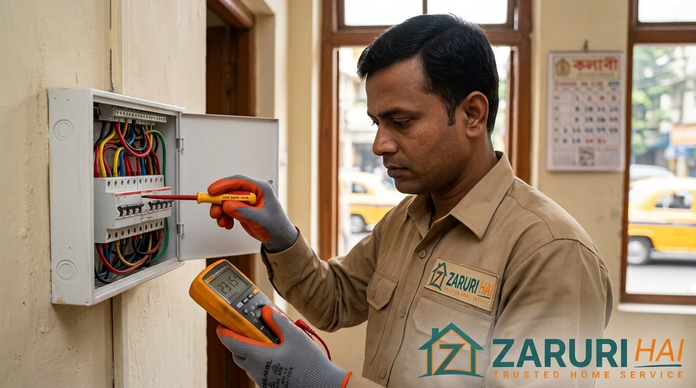 Verified Zaruri Hai electrician repairing a switchboard at a Kolkata home