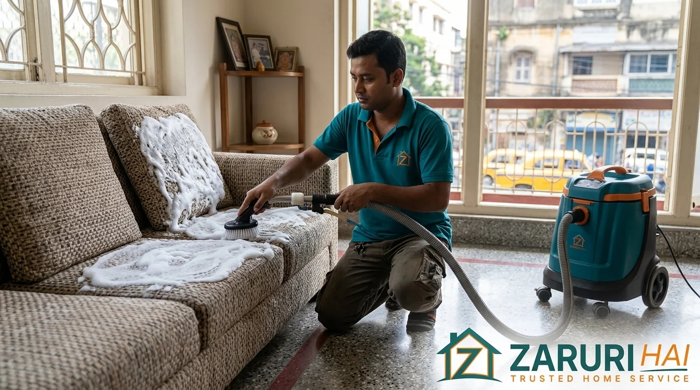 Zaruri Hai professional shampooing a fabric sofa in a Kolkata home