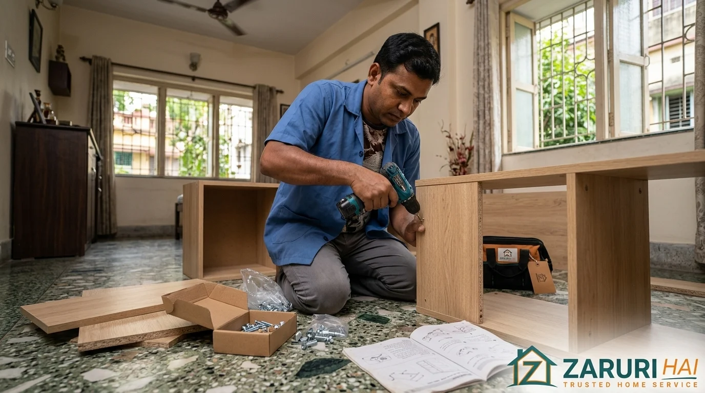 Verified Zaruri Hai professional assembling flat-pack furniture in a Kolkata home