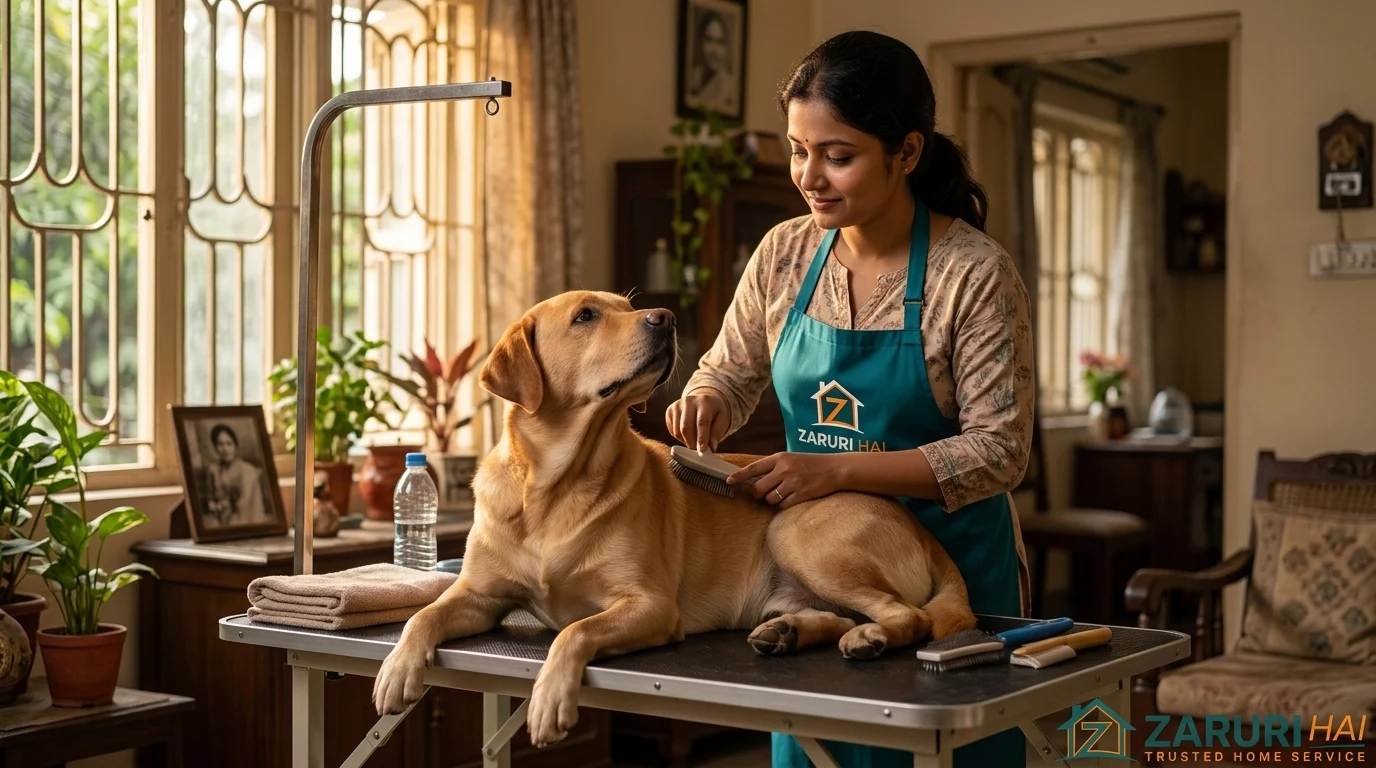 Zaruri Hai groomer gently grooming a dog at home in Kolkata