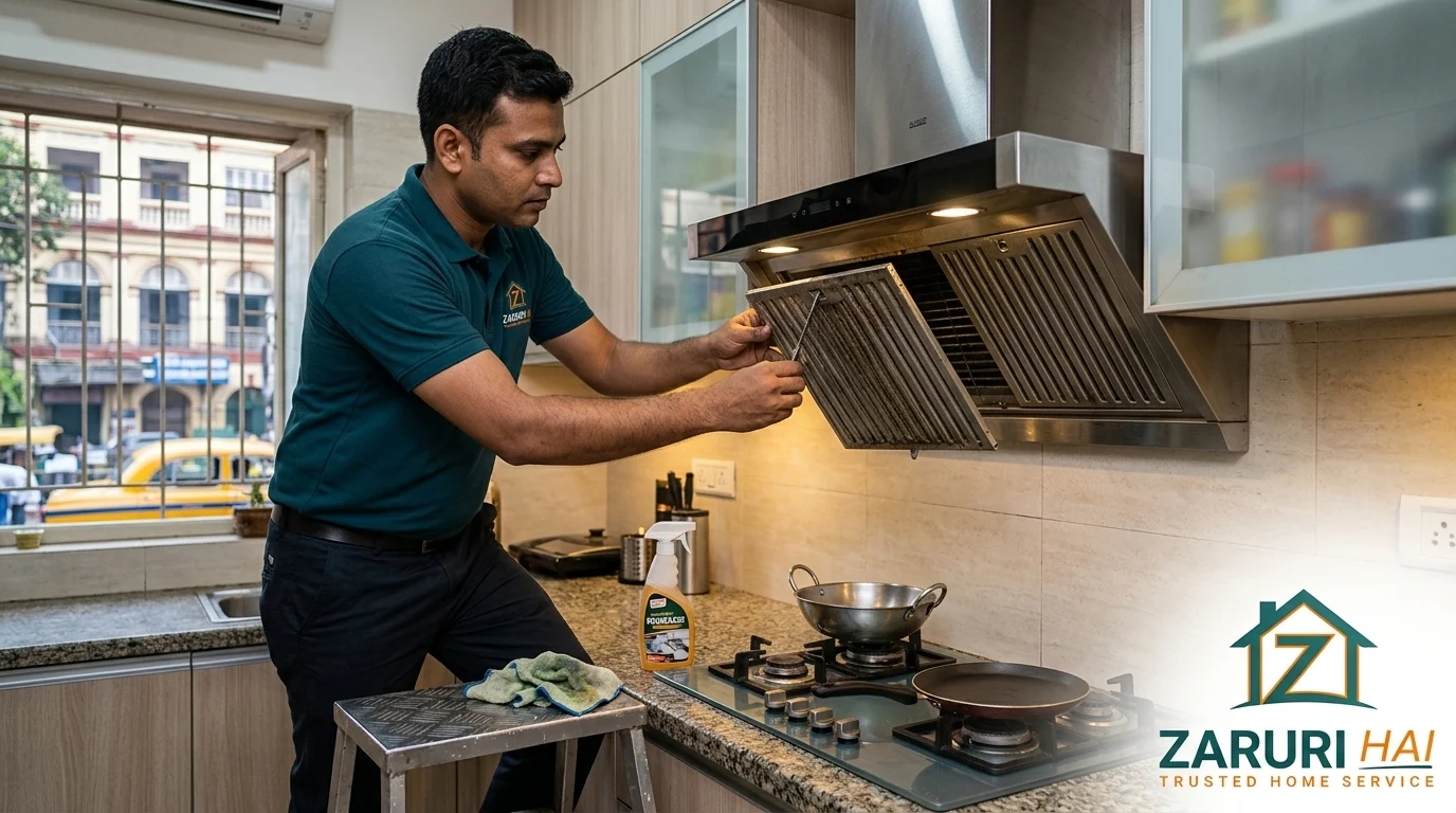 Chimney repair 3 Verified Zaruri Hai technician deep-cleaning a kitchen chimney in Kolkata