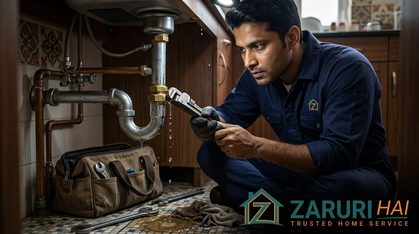 Plumber services 3 Verified Zaruri Hai plumber fixing a pipe leak at a Kolkata home