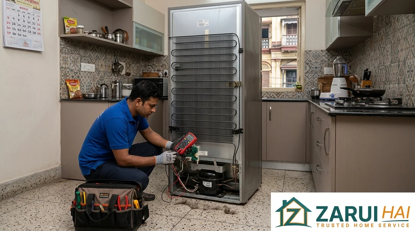 Verified Zaruri Hai technician repairing a refrigerator at a Kolkata home