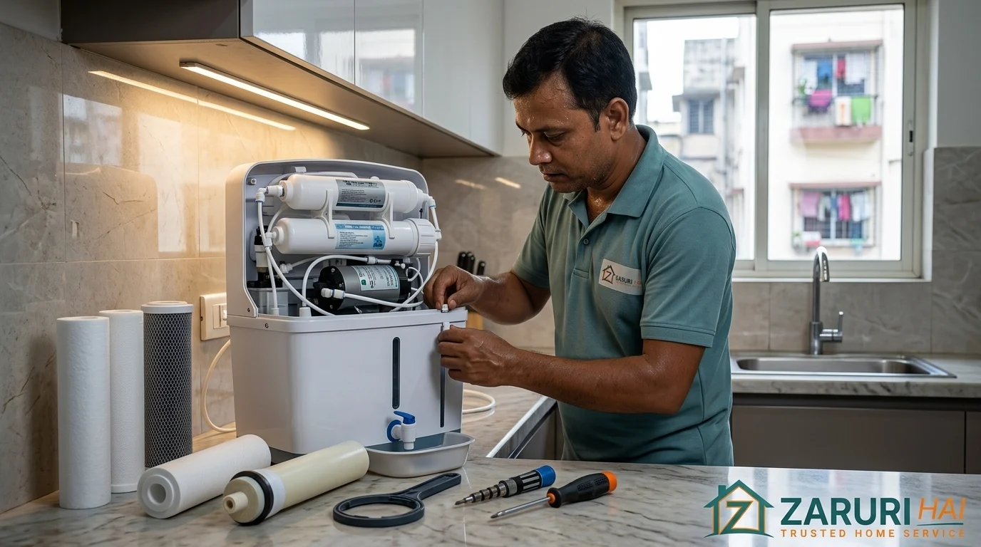 Water purifier service 3 Verified Zaruri Hai technician servicing an RO water purifier in a Kolkata kitchen