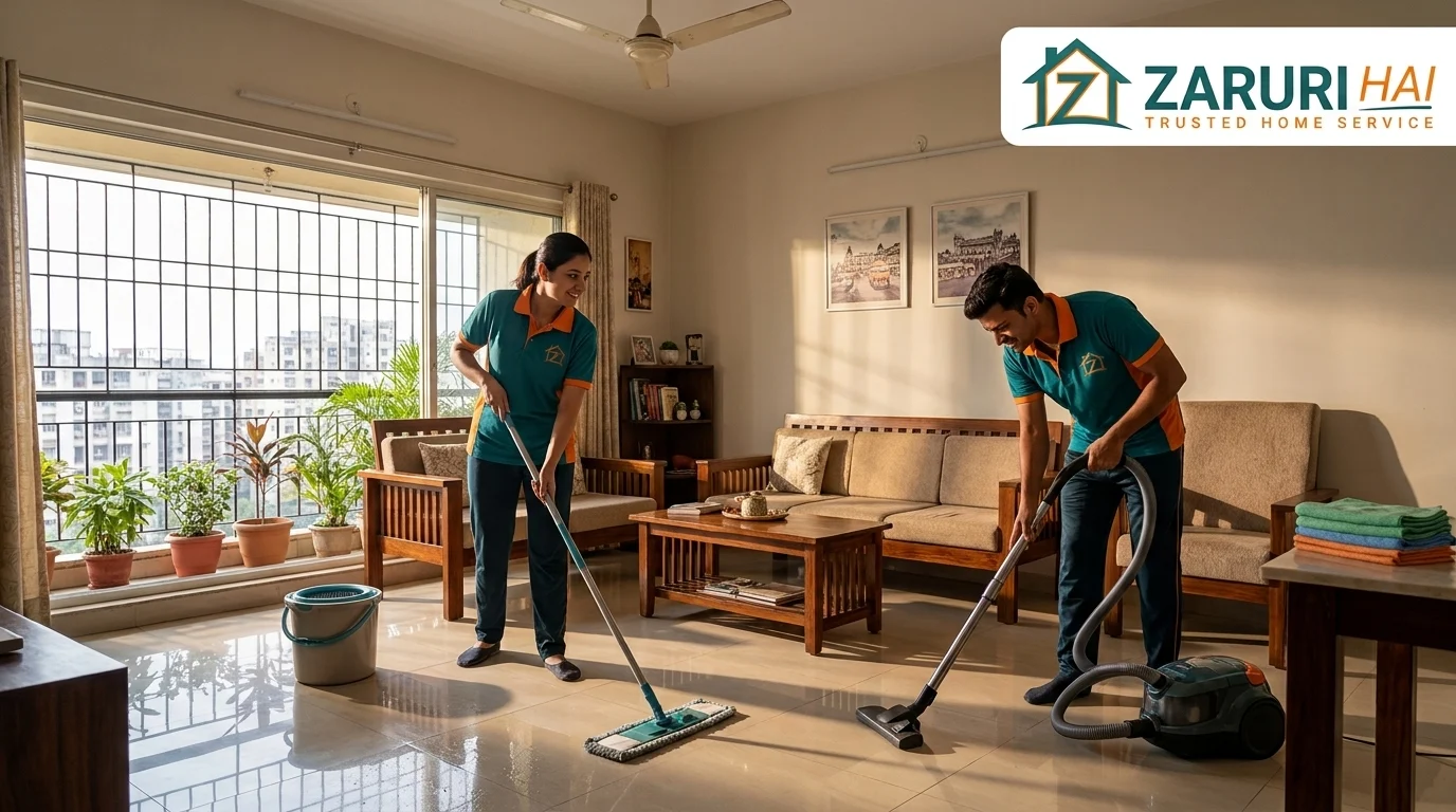 Full home deep cleaning 3 Zaruri Hai team deep cleaning a living room in a Kolkata home