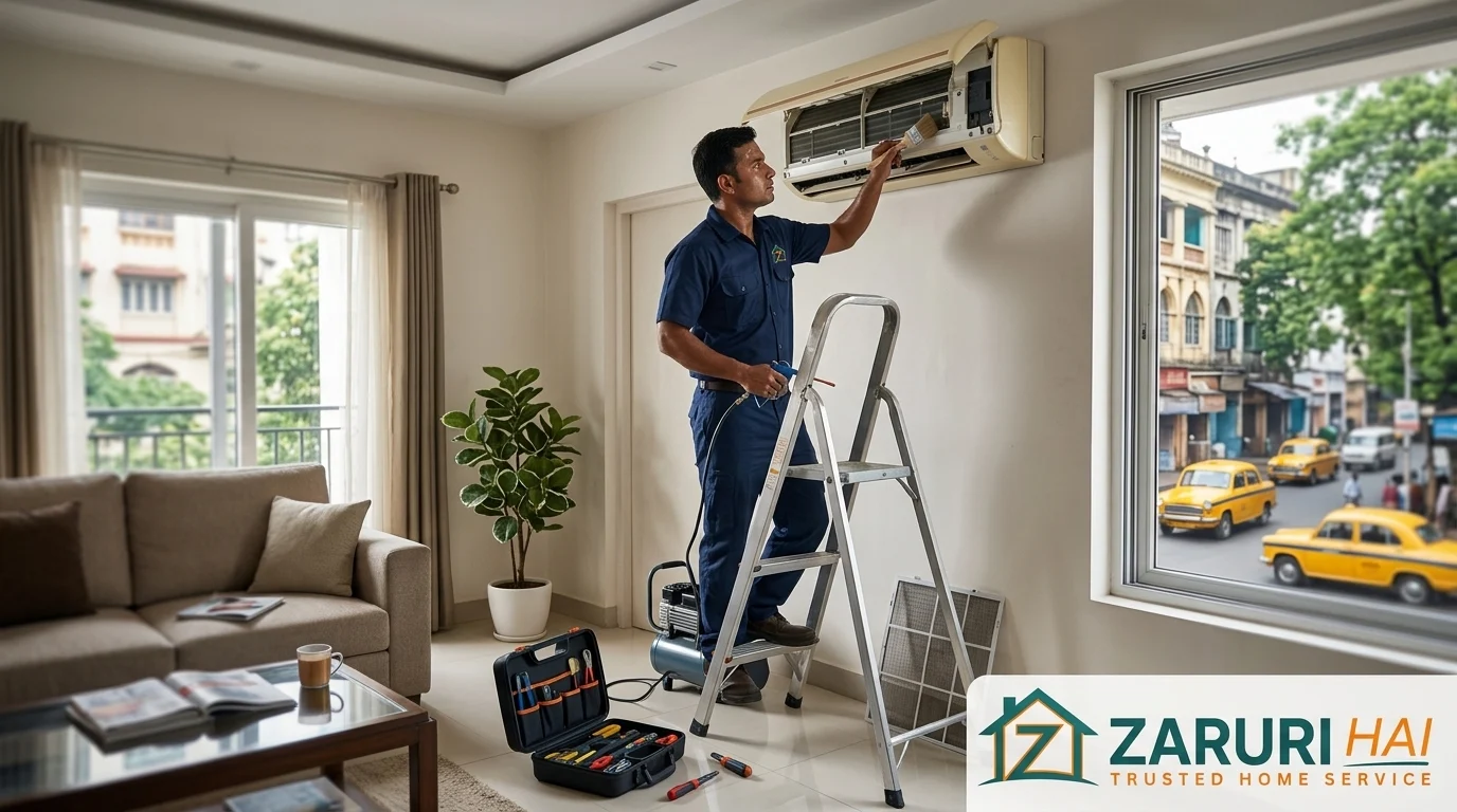 Verified Zaruri Hai technician servicing a split AC at a Kolkata home