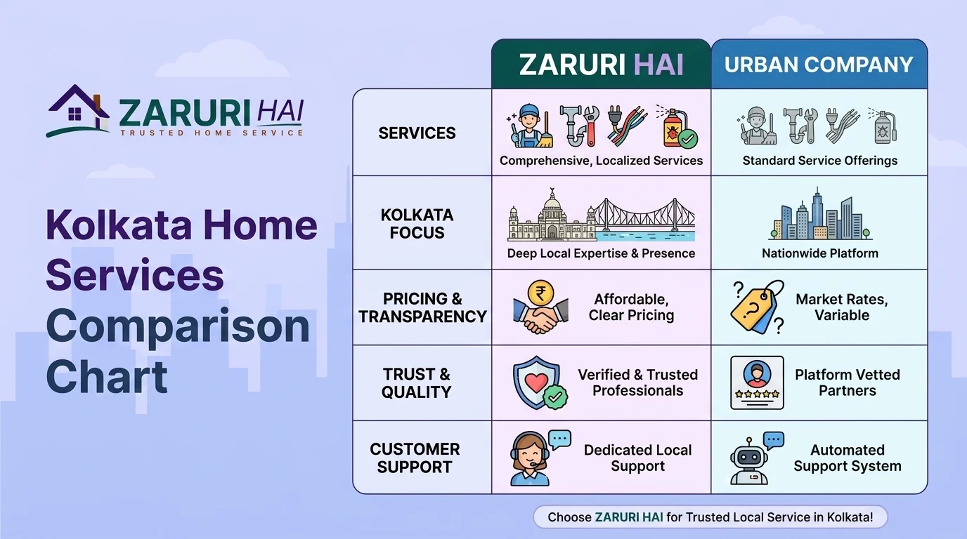 Zaruri Hai vs Urban Company comparison chart Kolkata home services pricing warranty